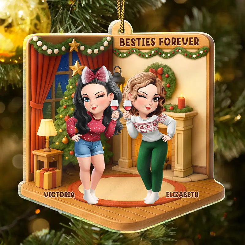 Gift For Bestie,Happy,Christmas,Gift For Sisters - 3D Effect Besties Forever Christmas - Personalized Custom Shaped Acrylic Ornament