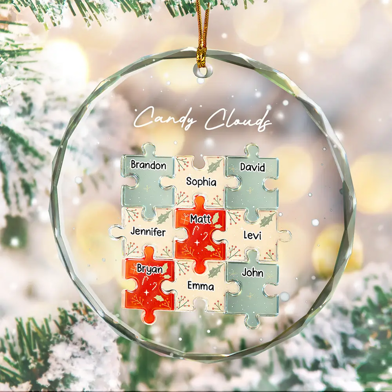 Happy, Family, Christmas - 3D Effect Puzzle Family - Personalized Circle Glass Ornament