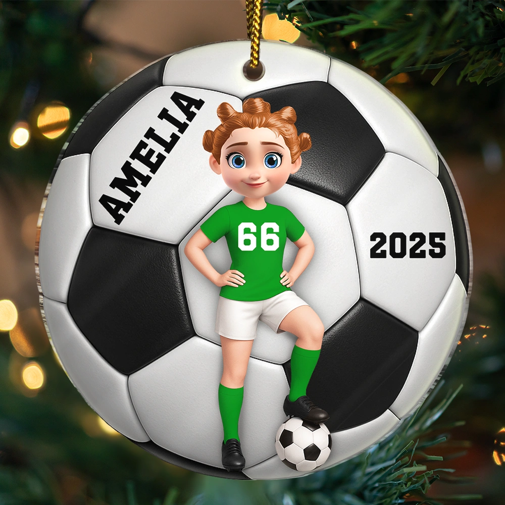Football, Gift For Kids, Grandma - Grandkids, Happy, Christmas, Top Market, Non-Eng - 3D Effect Soccer Girl Boy - Personalized Custom Shaped Acrylic Ornament