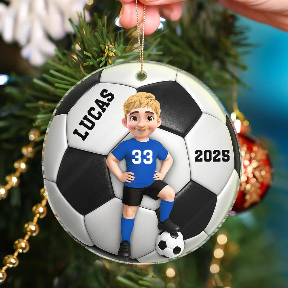 Football, Gift For Kids, Grandma - Grandkids, Happy, Christmas, Top Market, Non-Eng - 3D Effect Soccer Girl Boy - Personalized Custom Shaped Acrylic Ornament