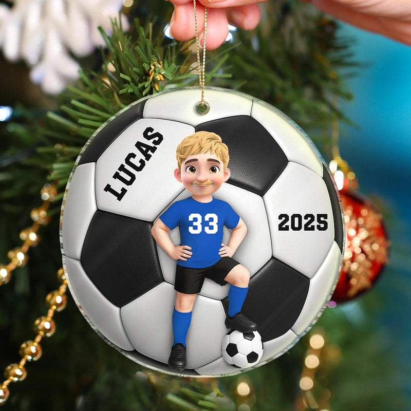Football, Gift For Kids, Grandma - Grandkids, Happy, Christmas, Top Market, Non-Eng - 3D Effect Soccer Girl Boy - Personalized Custom Shaped Acrylic Ornament