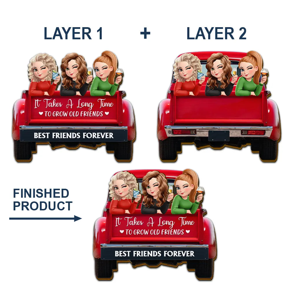 Gift For Bestie, Gift For Sisters, Love - A Journey Without An End 3D Effect Bestie Red Truck - Personalized Custom Shaped Car Visor Clip