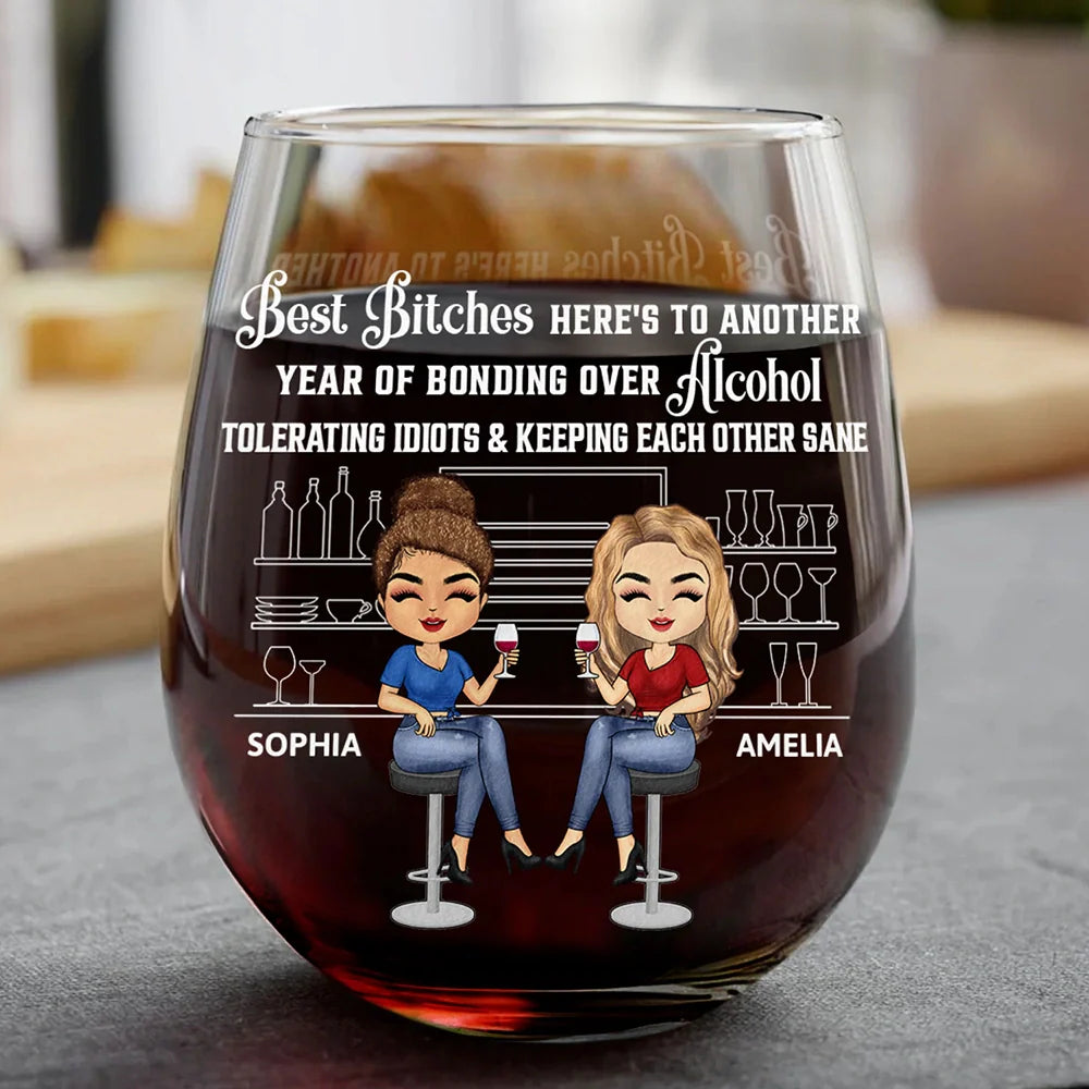 Here's To Another Year Of Bonding Over Alcohol Bestie Chibi - Personalized Stemless Wine Glass