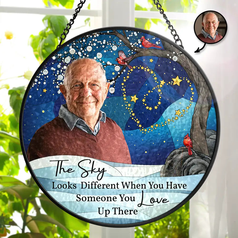 Sad, Family, Parents, Gift For Grandparents, Gift For Sibling, Memorial - Custom Photo The Sky Looks Different Memorial Family - Personalized Stained Glass Window Hanging Suncatcher
