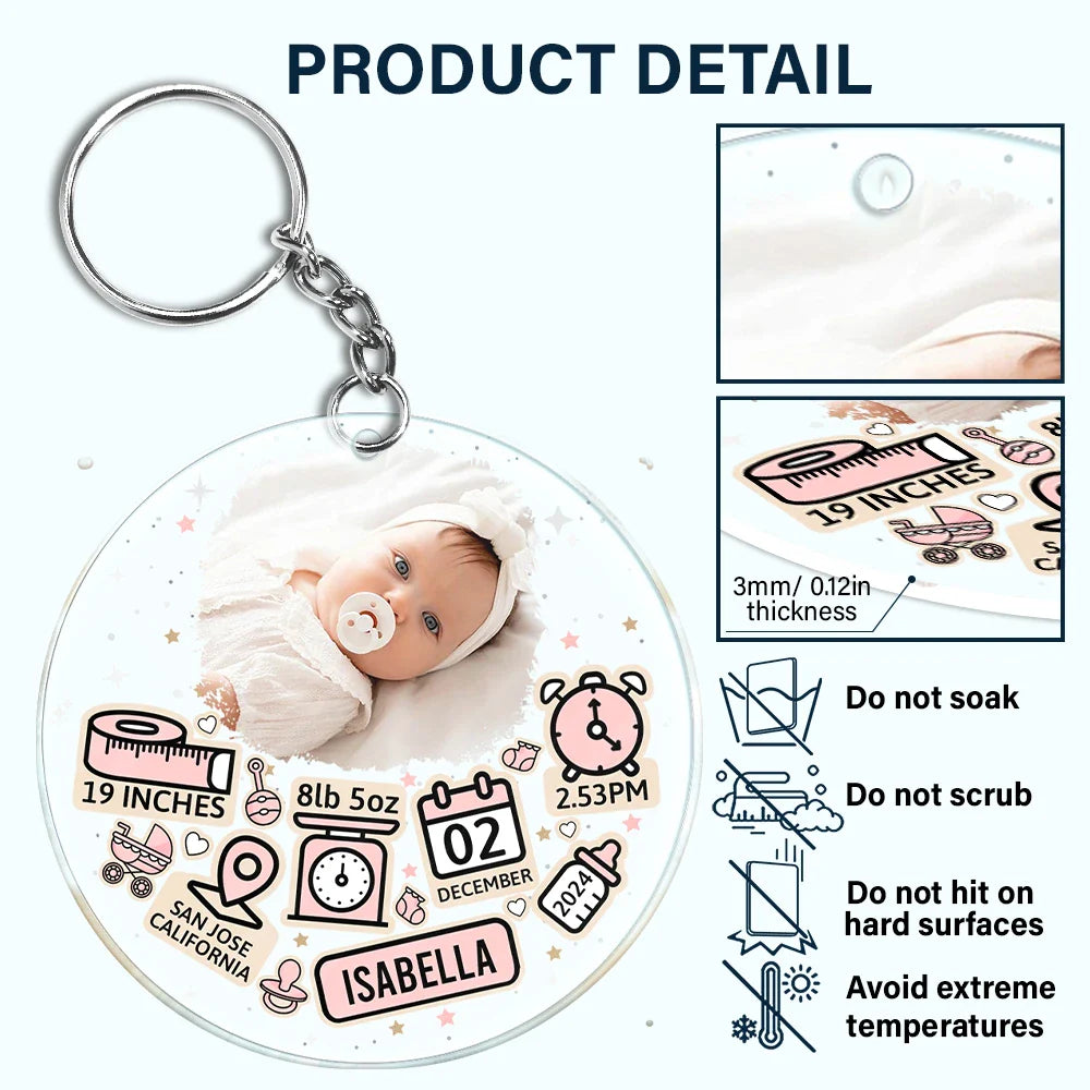 Gift For Mother, New baby, New Mom, Gift For Kids - Custom Photo Baby Newborn Information Icon - Personalized Acrylic Keychain
