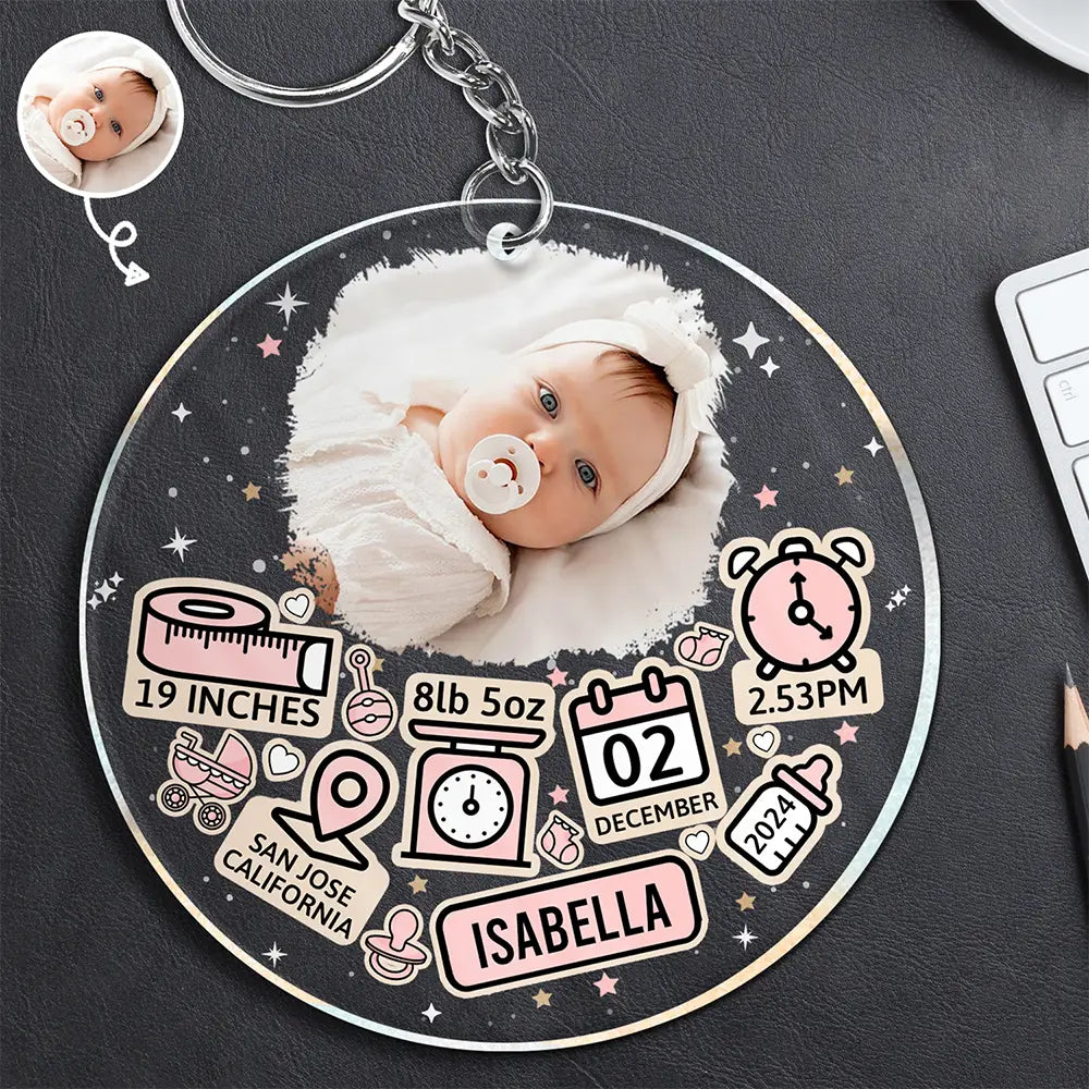 Gift For Mother, New baby, New Mom, Gift For Kids - Custom Photo Baby Newborn Information Icon - Personalized Acrylic Keychain
