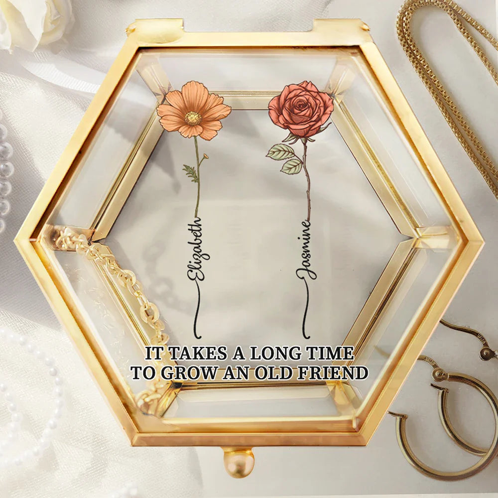 Birth Flowers Grow An Old Friend - Personalized Glass Jewelry Box