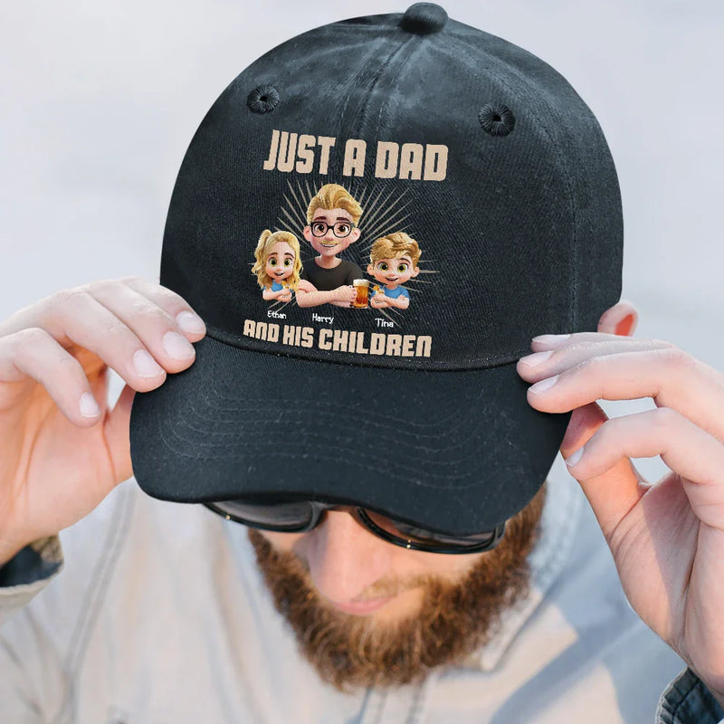 Gift For Father,Dad,Children - Just A Dad And His Girl 3D Effect Crossed Arms - Personalized Vintage Washed Denim Cap