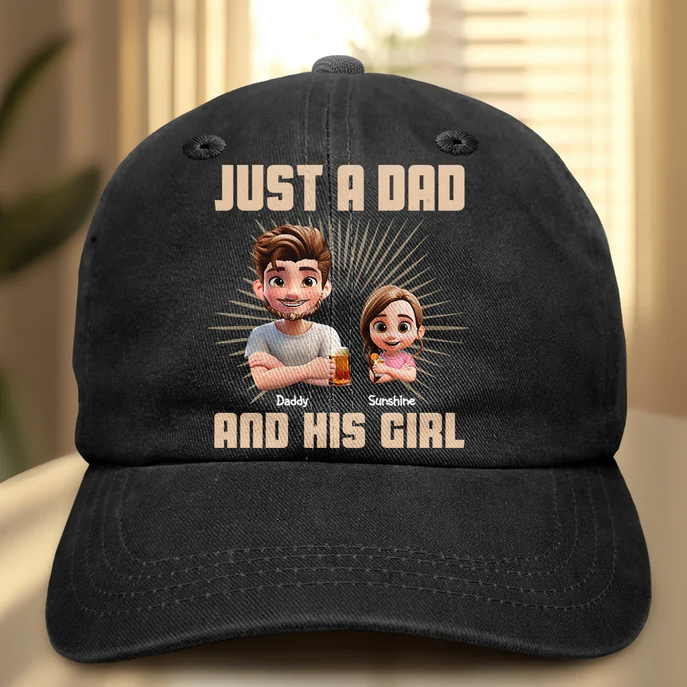 Gift For Father,Dad,Children - Just A Dad And His Girl 3D Effect Crossed Arms - Personalized Vintage Washed Denim Cap