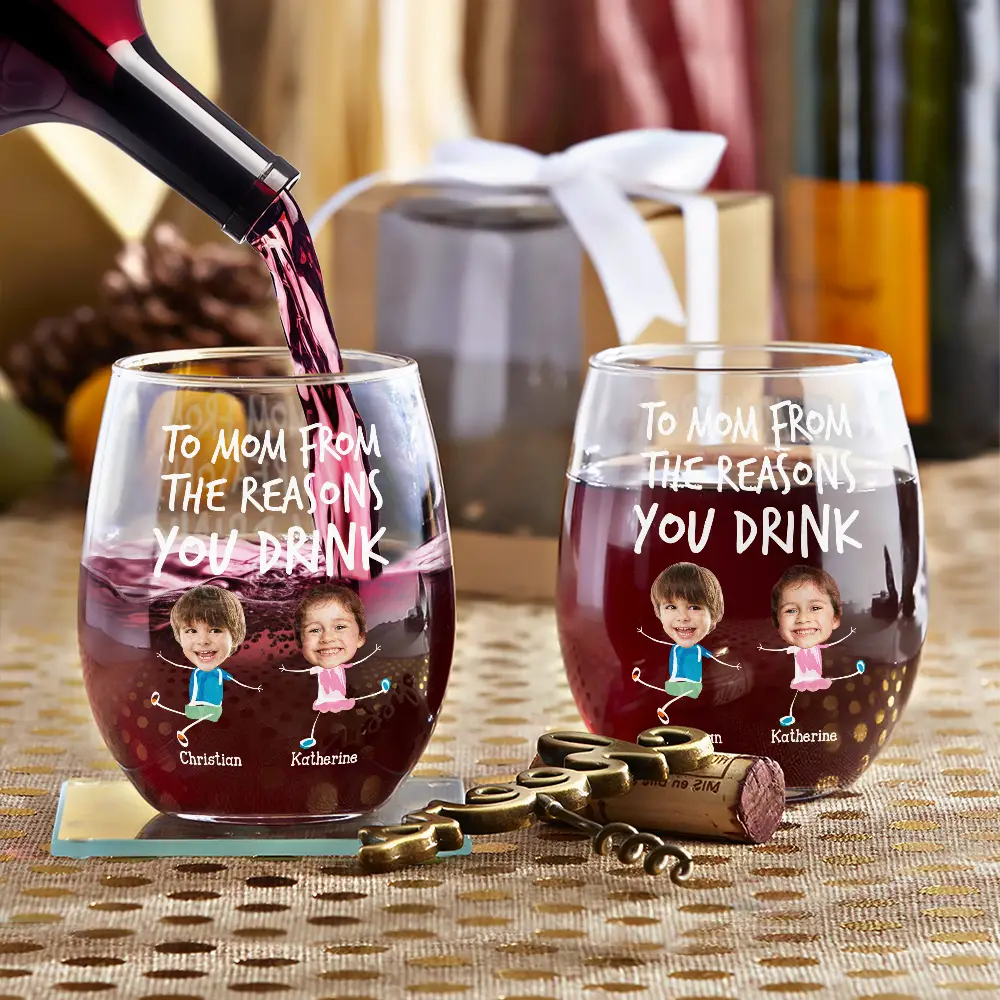 Funny,Gift For Mother,Gift For Wife,Gift For Father,Gift For Husband - Custom Photo To Mom Dad From The Reasons You Drink - Personalized Stemless Wine Glass