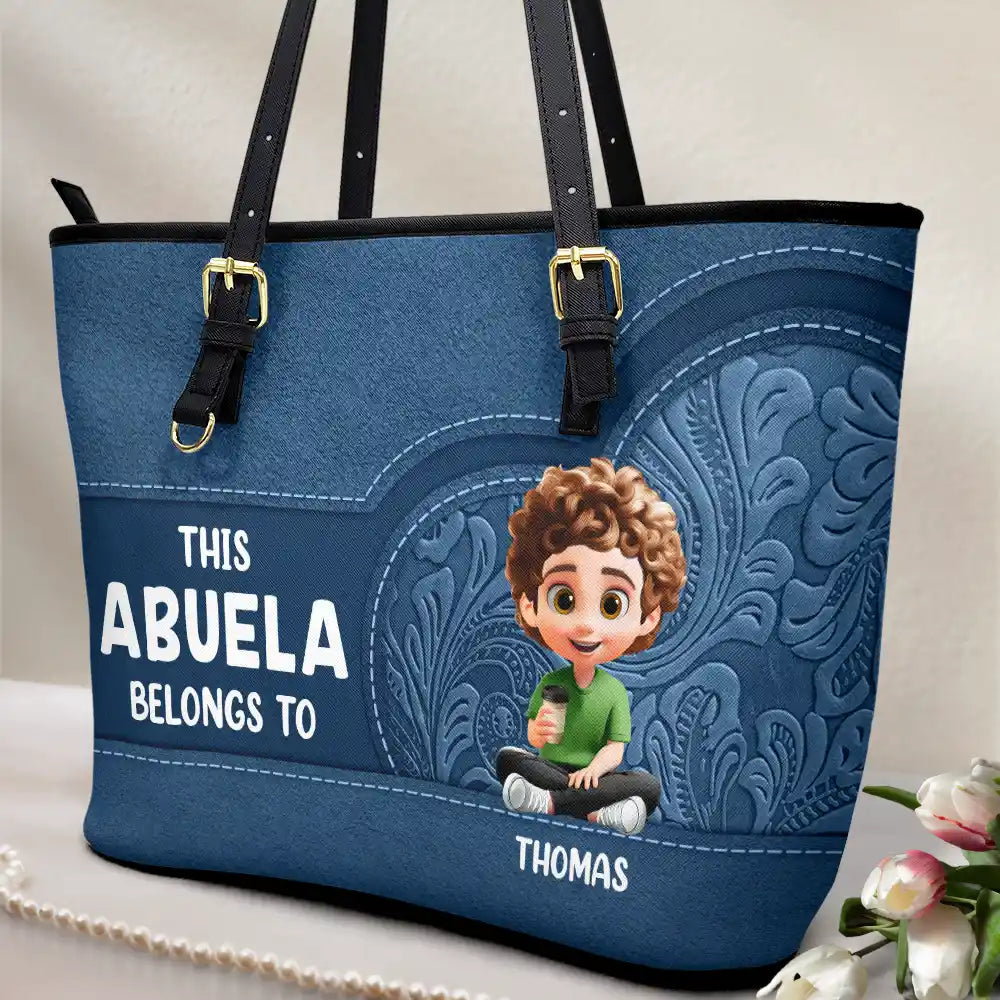 Gift For Mother,Gift For Grandma,Love,Gift For Wife - Cartoon Kid This Grandma Belongs To - Personalized Leather Tote Bag