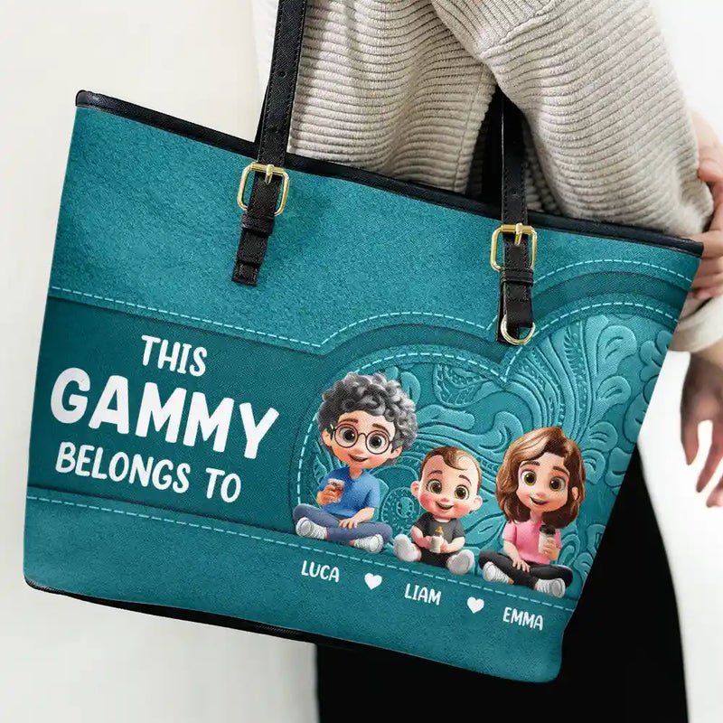 Gift For Mother,Gift For Grandma,Love,Gift For Wife - Cartoon Kid This Grandma Belongs To - Personalized Leather Tote Bag