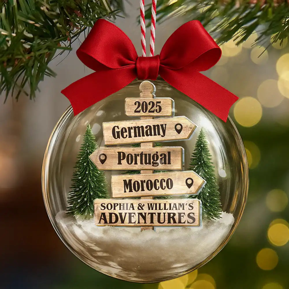 Christmas,Travel,Gift For Yourself,Gift For Couples,Happy - Christmas Ornament Travel Sign Post - Personalized 3D Acrylic Ball Ornament