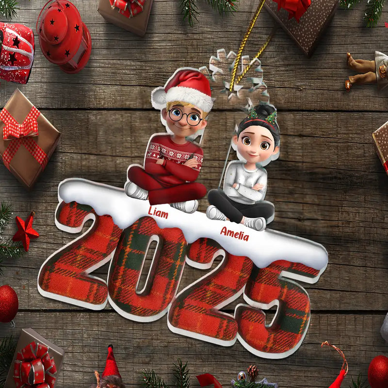Family,Happy,Christmas - Christmas Upholstery Tartan Plaid Pattern Family 3D Effect - Personalized Custom Shaped Acrylic Ornament