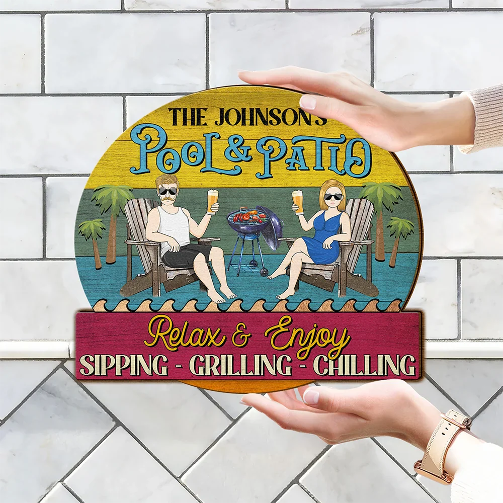 Gift For Couples,Gift For Husband,Gift For Wife,Gift For Boyfriend,Gift For Girlfriend,Patio,Poolside - Couple Pool & Patio Sipping Chilling - Personalized Custom Shaped Wood Sign