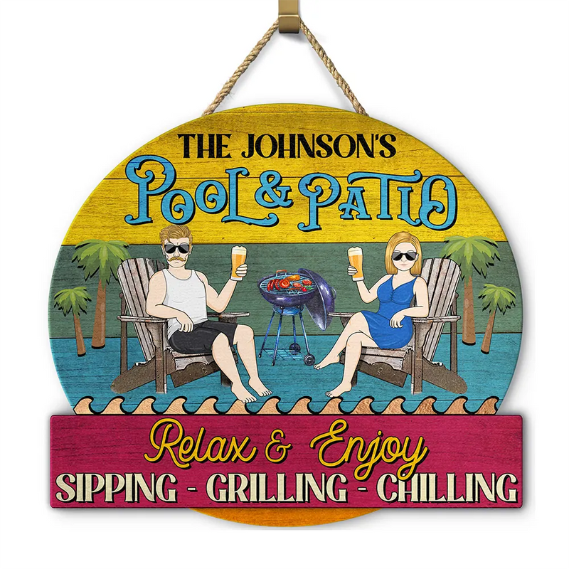 Gift For Couples,Gift For Husband,Gift For Wife,Gift For Boyfriend,Gift For Girlfriend,Patio,Poolside - Couple Pool & Patio Sipping Chilling - Personalized Custom Shaped Wood Sign