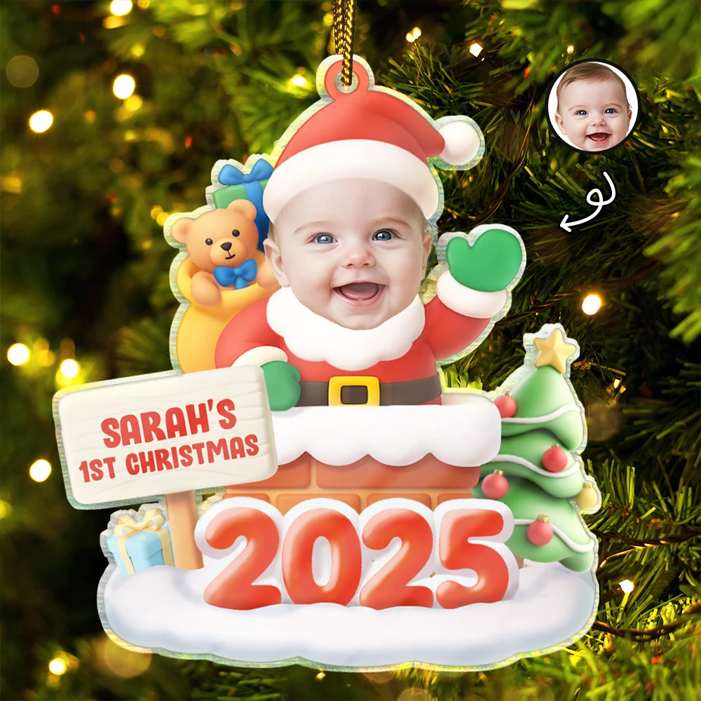 Christmas, Gift For Kids, Funny - Custom Photo Cute Baby Santa In The Chimney - Personalized Custom Shaped Acrylic Ornament