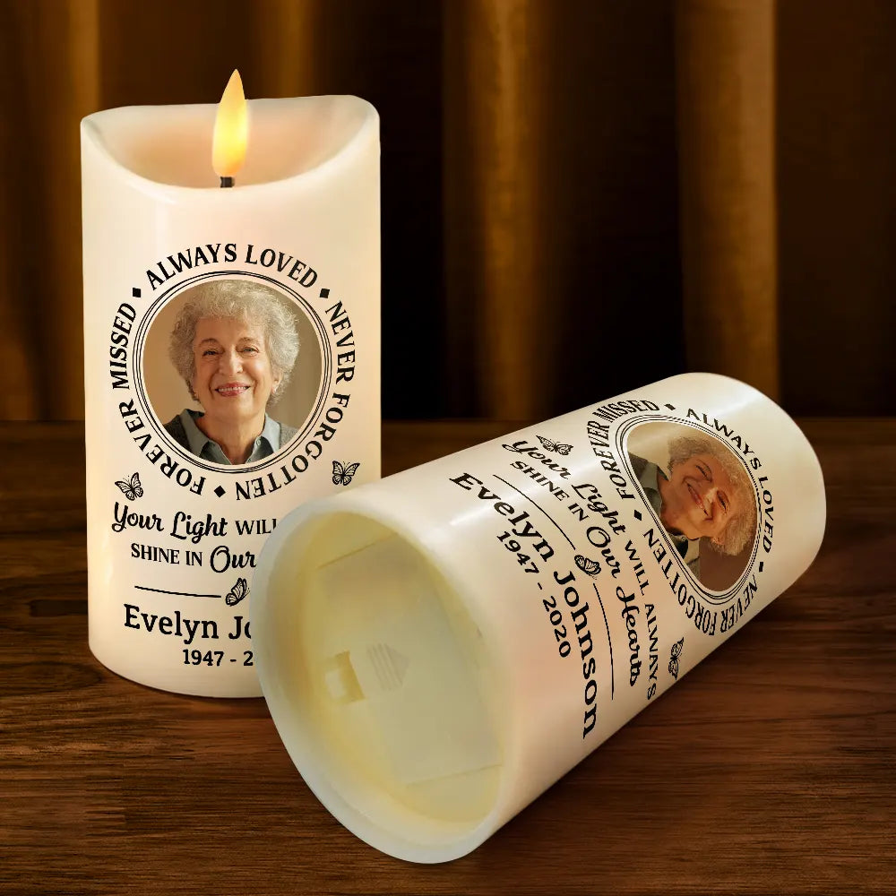 Christmas,Memorial,Custom Photo,Family,Sad - Custom Photo Memorial Always Loved Never Forgotten - Personalised Flameless LED Candle