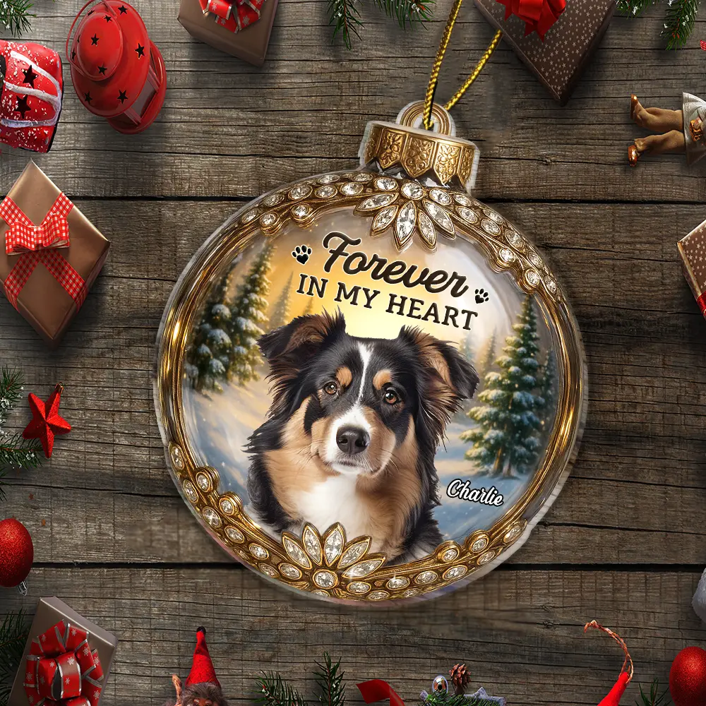 Memorial,Sad,Gift For Women,Gift For Men,Pet Lovers,Pet Mom,Pet Dad,Pet Couple,Cat Lovers,Cat Mom,Cat Dad,Cat Couple,Dog Lovers,Dog Mom,Dog Dad,Dog Couple,Top Market,Christmas - Custom Photo Memorial Christmas Forever In My Heart - Personalized Custom Shaped Acrylic Ornament