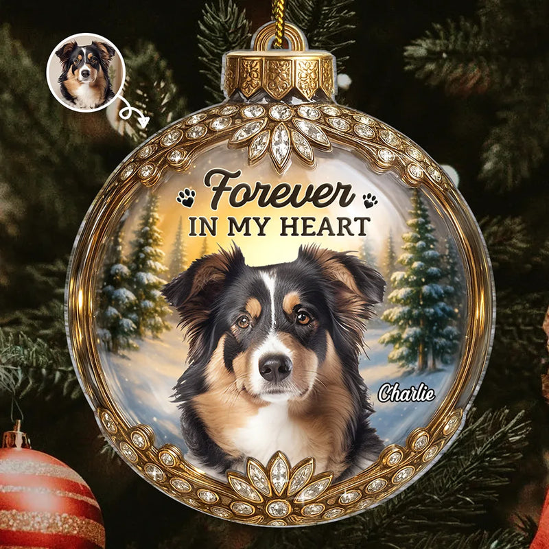 Memorial,Sad,Gift For Women,Gift For Men,Pet Lovers,Pet Mom,Pet Dad,Pet Couple,Cat Lovers,Cat Mom,Cat Dad,Cat Couple,Dog Lovers,Dog Mom,Dog Dad,Dog Couple,Top Market,Christmas - Custom Photo Memorial Christmas Forever In My Heart - Personalized Custom Shaped Acrylic Ornament