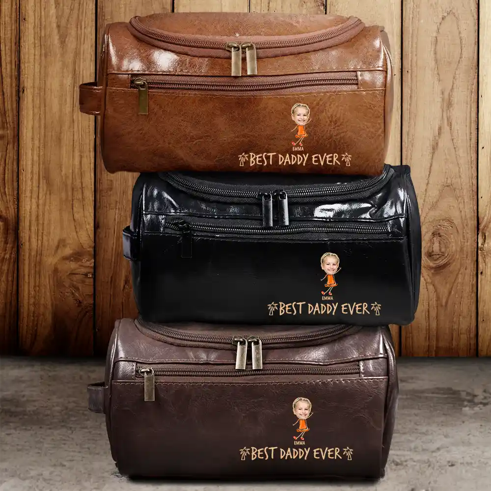 Gift For Husband,Gift For Yourself,Gift For Men,Gift For Grandpa,Gift For Father,Summer - Custom Photo Outline Best Dad Ever - Personalized Leather Toiletry Bag