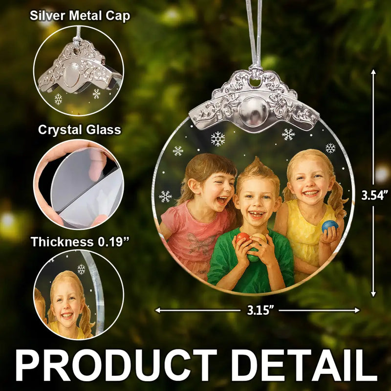 Happy,Christmas,Family,Gift For Kids,Gift For Grandkids,Gift For Grandparents,Parents - Custom Photo Realistic Watercolor Art Happy Kid - Personalized Glass Ornament With Silver Cap