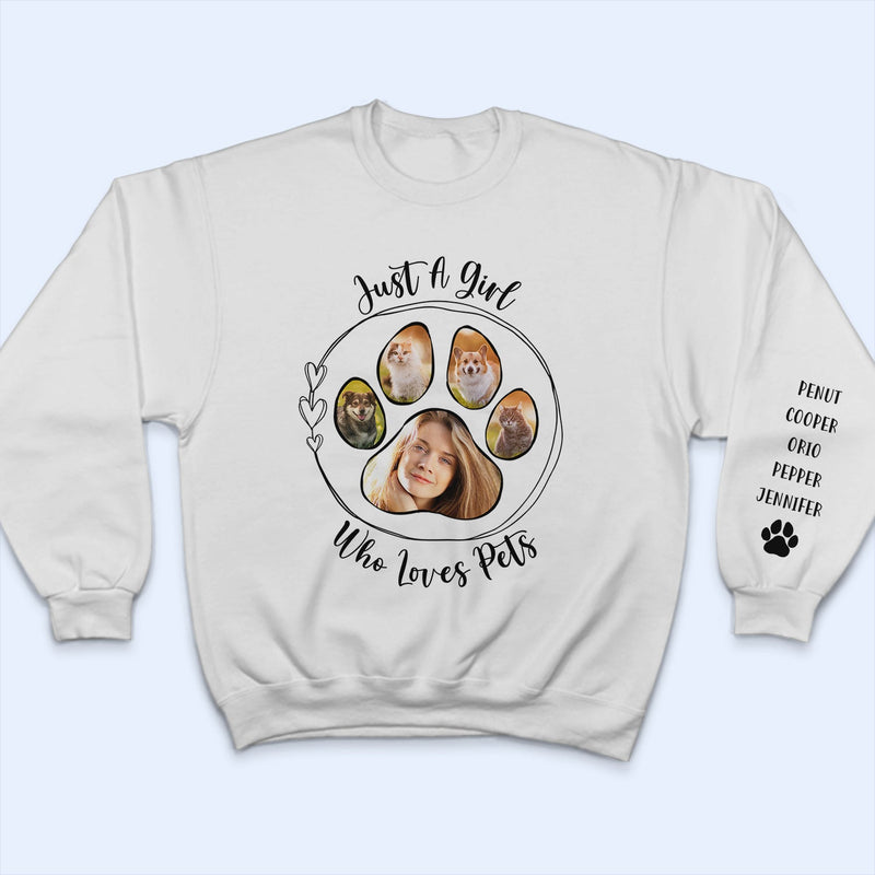 Custom Photo Just A Girl Who Loves Dog - Gift For Dog Lovers - Personalized Sweatshirt With Sleeve Imprint