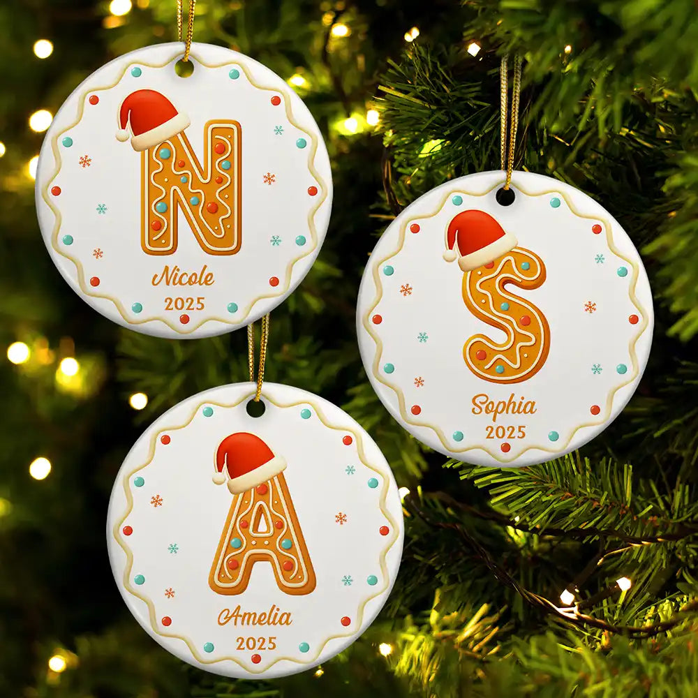 Christmas,Family,Non-Eng,Gift For Yourself - Gingerbread Letters With Santa Hat 2025 - Personalized Circle Ceramic Ornament