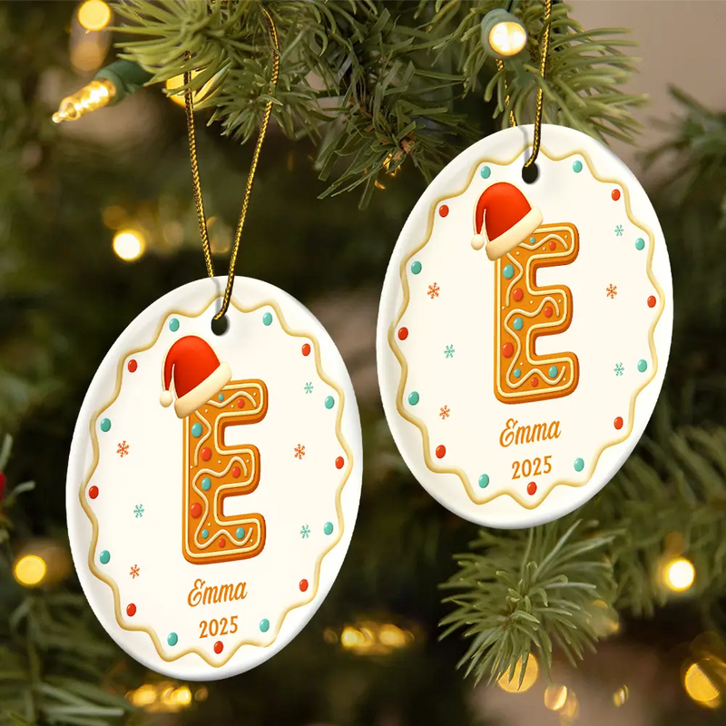 Christmas,Family,Non-Eng,Gift For Yourself - Gingerbread Letters With Santa Hat 2025 - Personalized Circle Ceramic Ornament