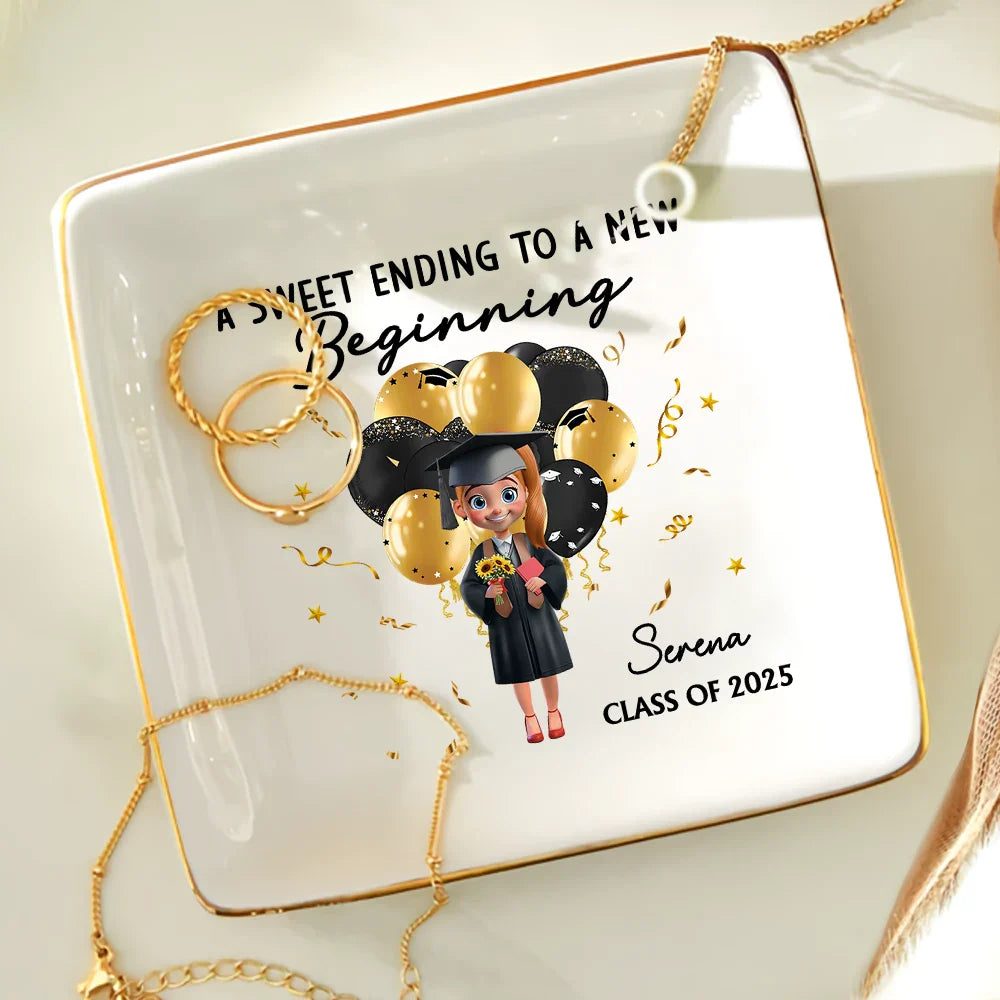 Graduation, Happy - Graduation A Sweet Ending To A New Beginning - Personalized Ring Dish