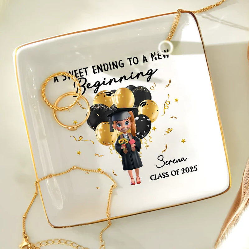 Graduation, Happy - Graduation A Sweet Ending To A New Beginning - Personalized Ring Dish