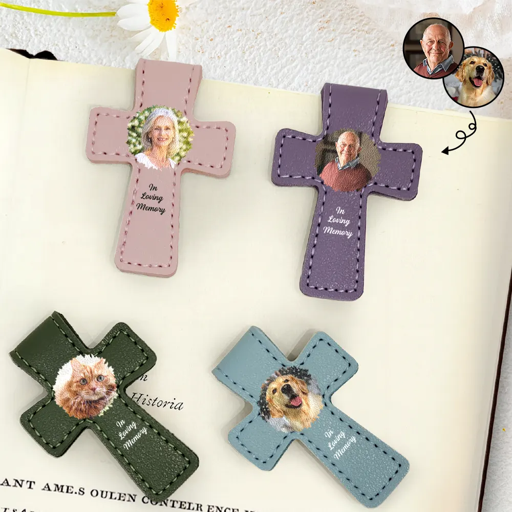 Custom Photo In Loving Memory Memorial - Personalized Cross Leather Magnetic Bookmark