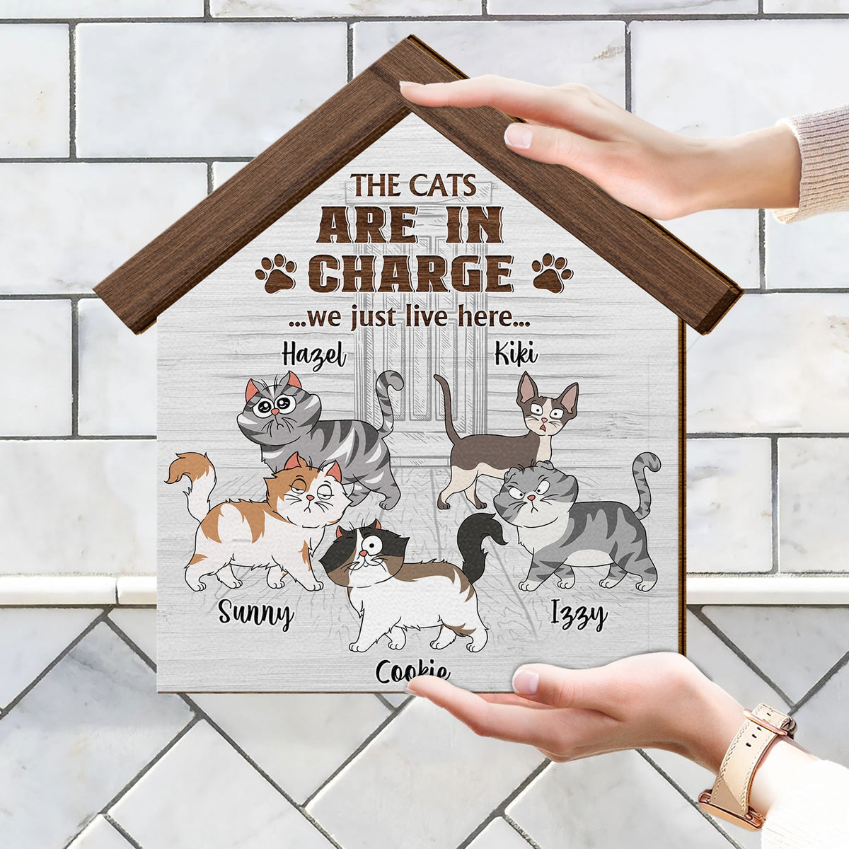 The Cats Are In Charge - Gift For Cat Lovers - Personalized Custom Shaped Wood Sign
