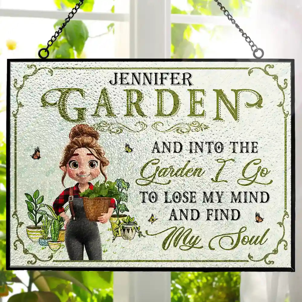 Into The Garden I Go 3D Effect Gardening Woman - Personalized Horizontal Stained Glass Suncatcher