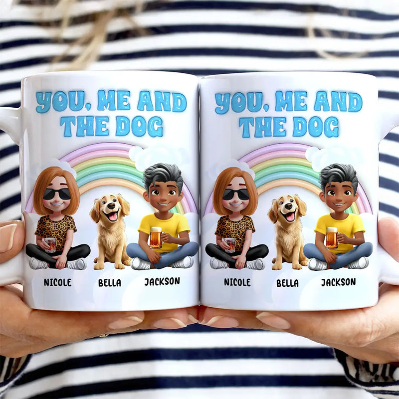 Gift For Couples,Gift For Husband,Gift For Wife,Gift For Boyfriend,Gift For Girlfriend,Dog Lovers,Pet Lovers,Dog Mom,Dog Dad,Dog Couple,Pet Mom,Pet Dad,Pet Couple - Rainbow You, Me And The Dog - 3D Inflated Effect Printed Mug, Personalized White Edge-to-Edge Mug