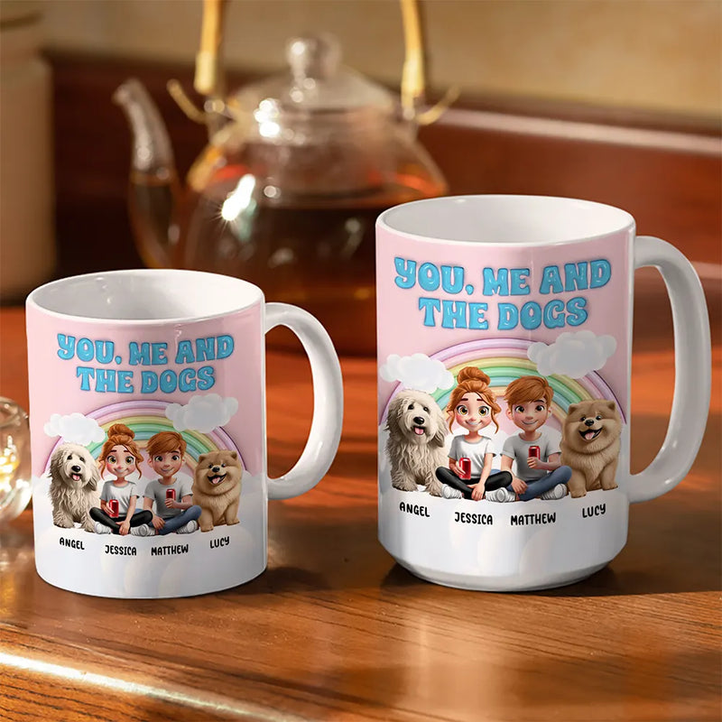 Gift For Couples,Gift For Husband,Gift For Wife,Gift For Boyfriend,Gift For Girlfriend,Dog Lovers,Pet Lovers,Dog Mom,Dog Dad,Dog Couple,Pet Mom,Pet Dad,Pet Couple - Rainbow You, Me And The Dog - 3D Inflated Effect Printed Mug, Personalized White Edge-to-Edge Mug