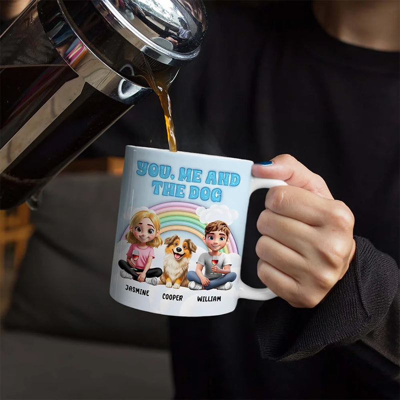 Gift For Couples,Gift For Husband,Gift For Wife,Gift For Boyfriend,Gift For Girlfriend,Dog Lovers,Pet Lovers,Dog Mom,Dog Dad,Dog Couple,Pet Mom,Pet Dad,Pet Couple - Rainbow You, Me And The Dog - 3D Inflated Effect Printed Mug, Personalized White Edge-to-Edge Mug