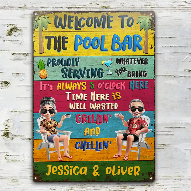 Happy,Gift For Couples,Couple's Hobby,Patio,Grilling - Patio Welcome Grilling Proudly Serving Whatever You Bring Cartoon Couple - Personalized Classic Metal Signs