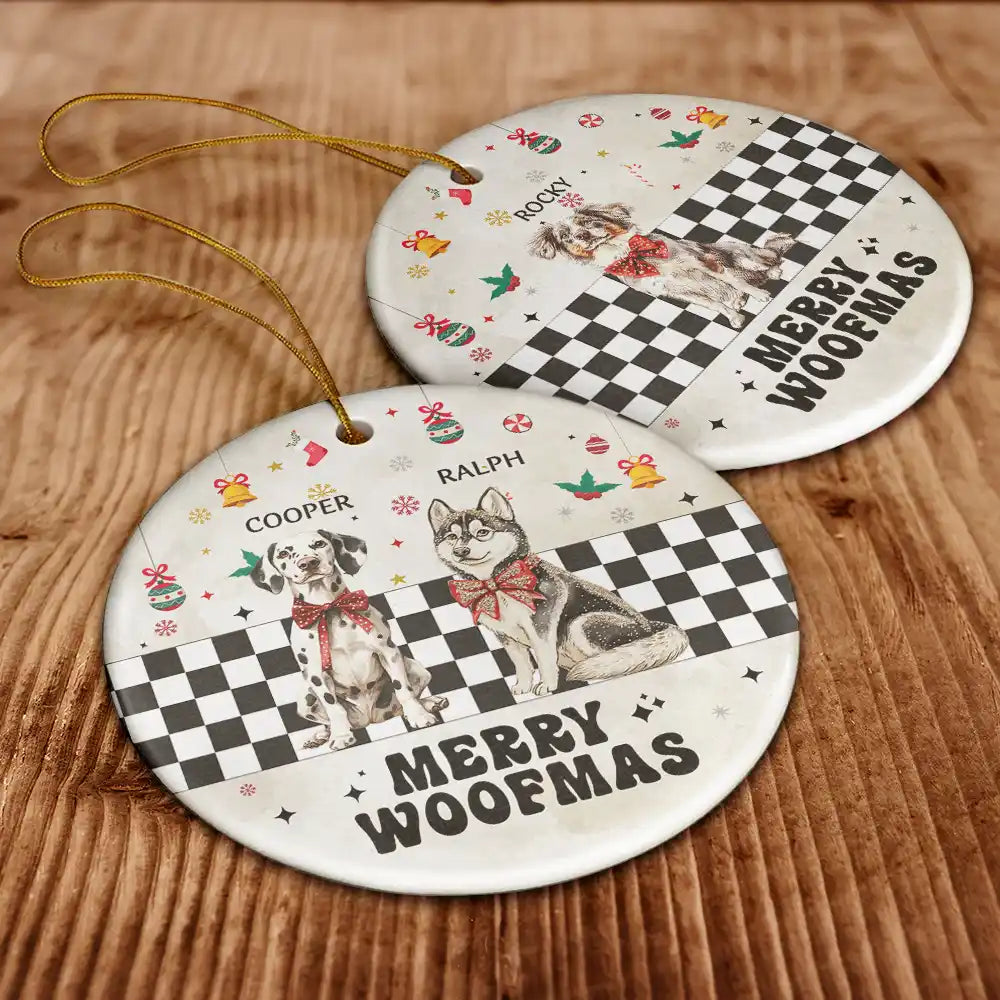 Funny, Christmas, Dog Lovers - Merry Woofmas Vintage Dog - Personalized Circle Ceramic Ornament
