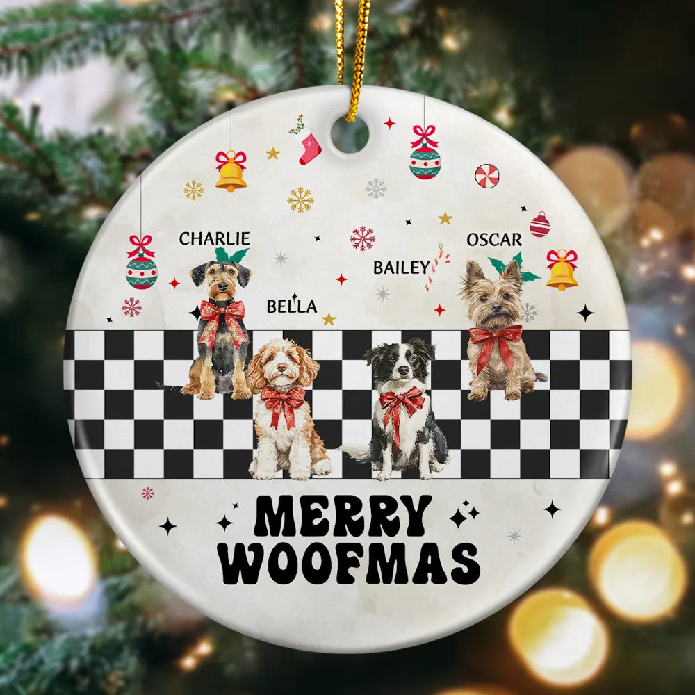 Funny, Christmas, Dog Lovers - Merry Woofmas Vintage Dog - Personalized Circle Ceramic Ornament