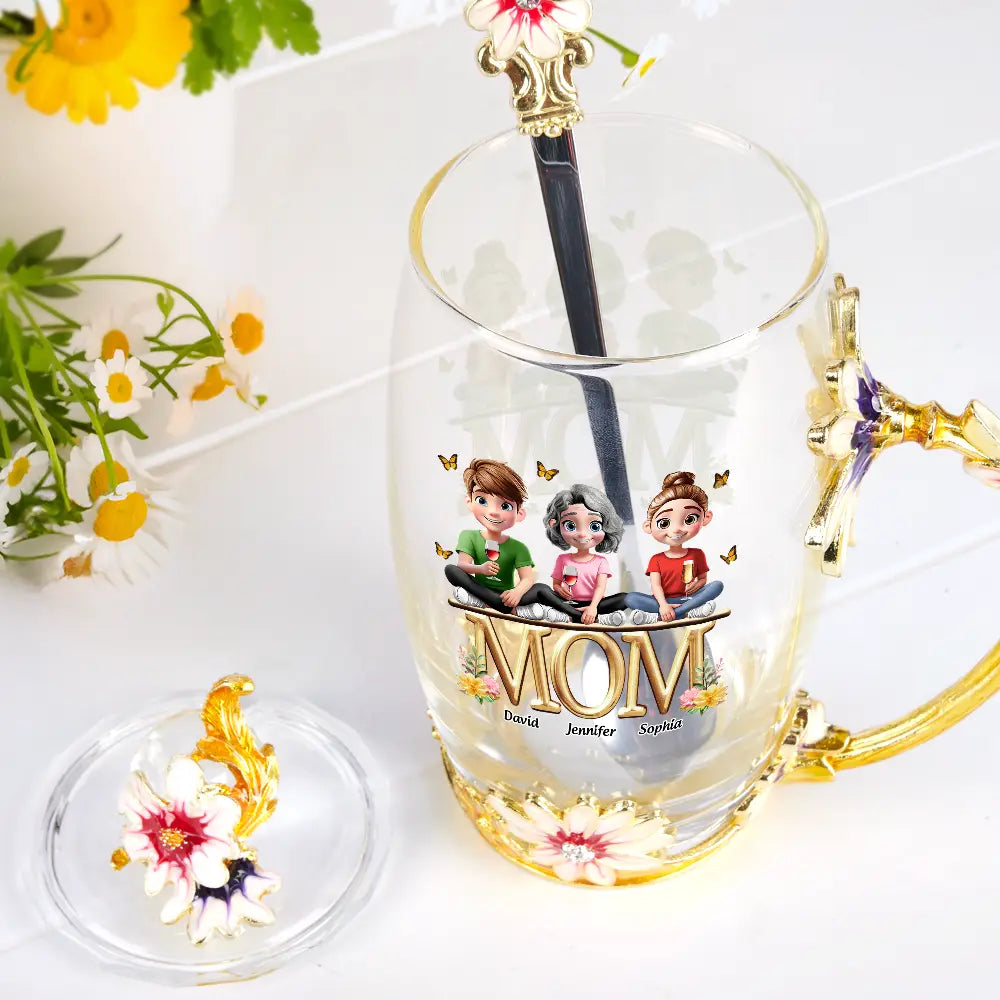 Gift For Mother,Mom,Children - Mother And Children Together - Personalized Glass Flower Tea Cup