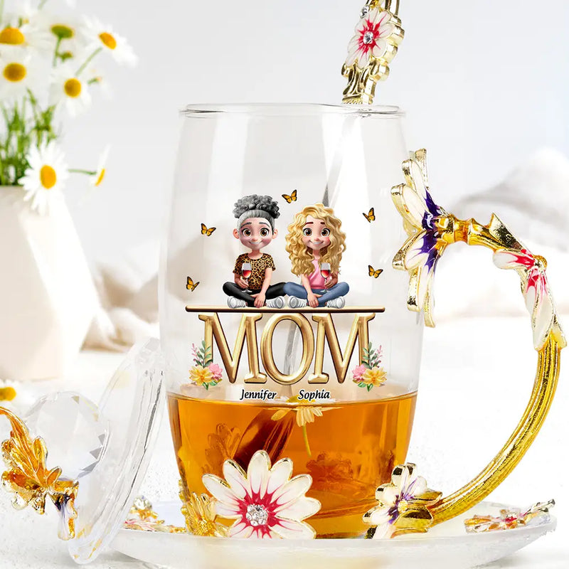 Gift For Mother,Mom,Children - Mother And Children Together - Personalized Glass Flower Tea Cup