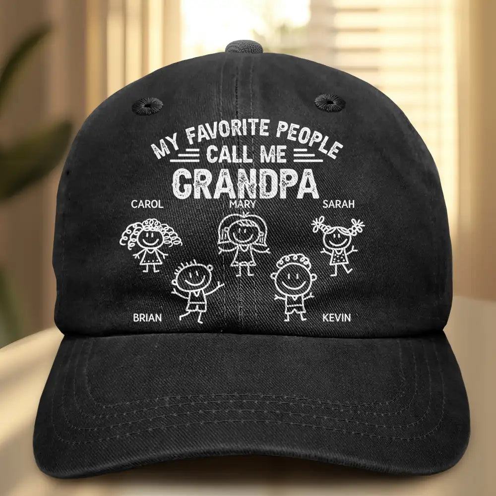 My Favorite People Call Me Papa Kid Stick Figures - Personalized Vintage Washed Denim Cap