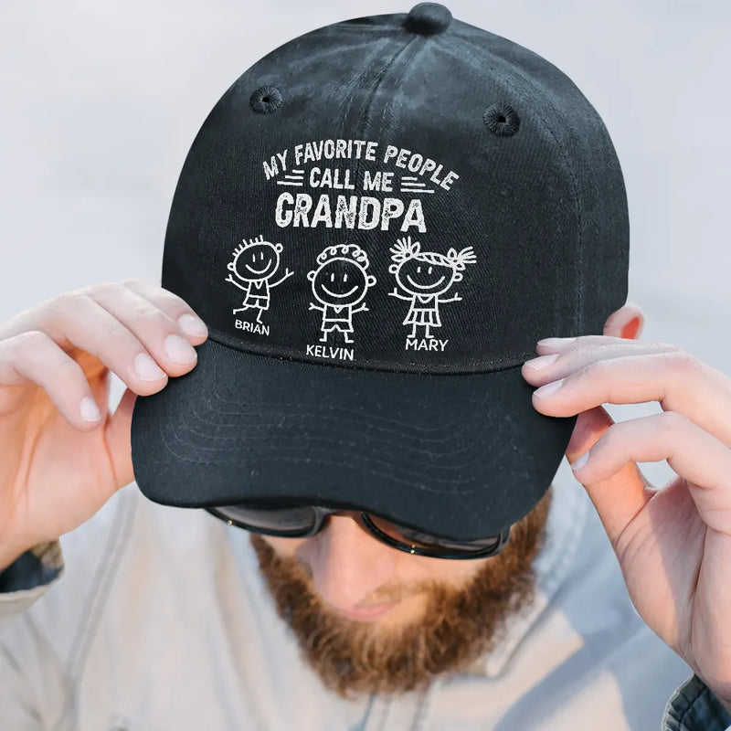 Gift For Grandpa, Gift For Grandparents, Gift For Father, Happy - My Favorite People Call Me Papa Kid Stick Figures - Personalized Vintage Washed Denim Cap