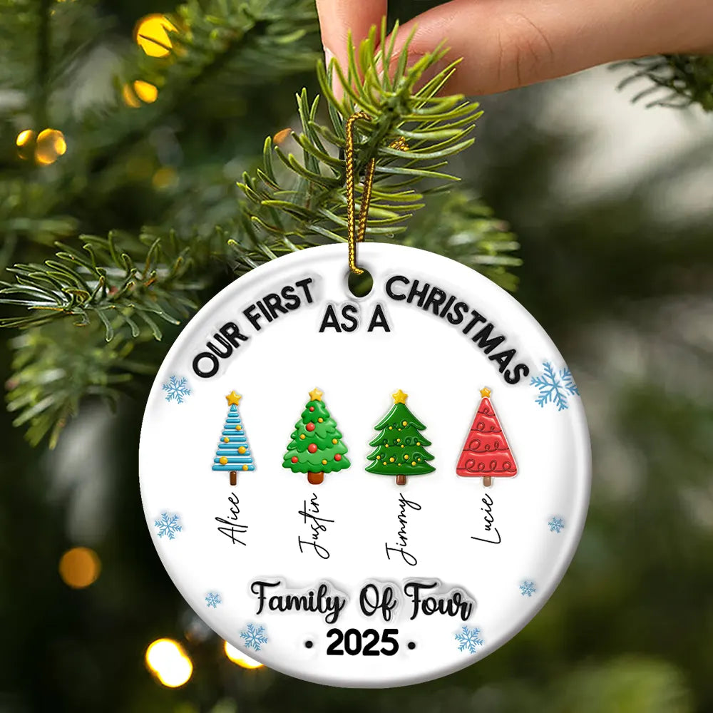 Family,Gift For Women,Gift For Men,Christmas,Happy - Our First Christmas Family Trees Names 3D Inflated Effect - Personalized Circle Ceramic Ornament