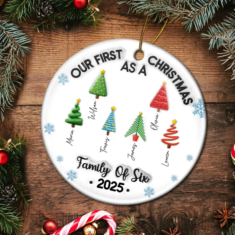 Family,Gift For Women,Gift For Men,Christmas,Happy - Our First Christmas Family Trees Names 3D Inflated Effect - Personalized Circle Ceramic Ornament