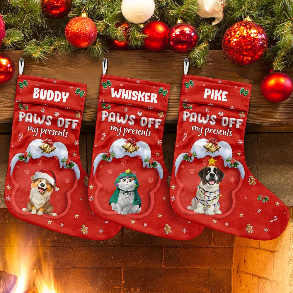 Dog Lovers, Dog Mom, Dog Dad, Dog Couple, Christmas, Happy - Paws Off My Presents 3D Effect Christmas Dog - Personalized Christmas Stocking