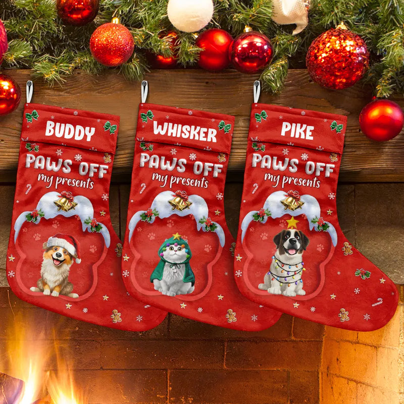 Dog Lovers, Dog Mom, Dog Dad, Dog Couple, Christmas, Happy - Paws Off My Presents 3D Effect Christmas Dog - Personalized Christmas Stocking