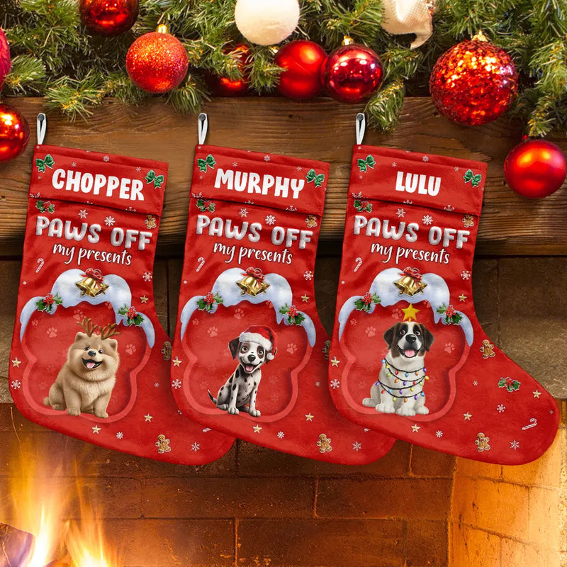Dog Lovers, Dog Mom, Dog Dad, Dog Couple, Christmas, Happy - Paws Off My Presents 3D Effect Christmas Dog - Personalized Christmas Stocking