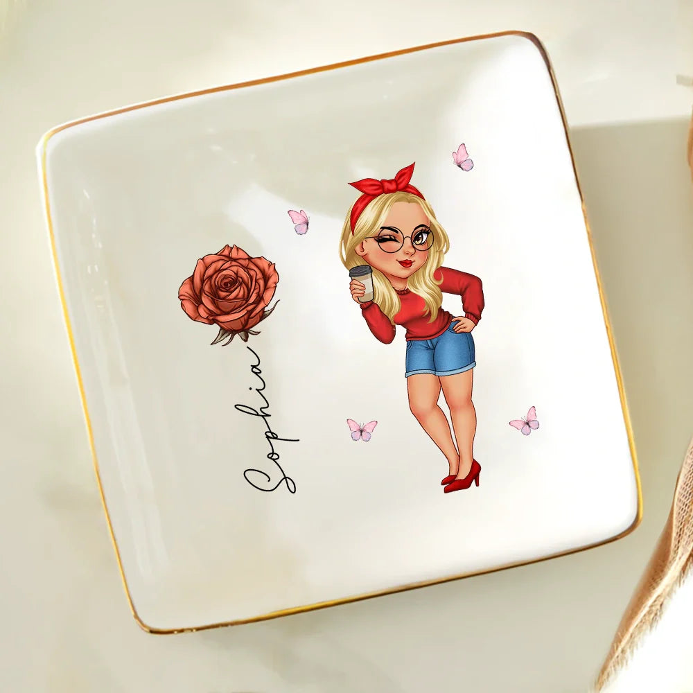 Girl With Birth Flowers - Personalized Ring Dish